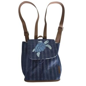 Vera Bradley Backpack Small Blue Straw Sea Turtle Excellent Coastal 29200-13096